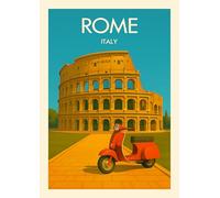 Rome Italy Vinatge Affiche de voyage Colisée avec scooter rouge Art mural rétro italien Format A4