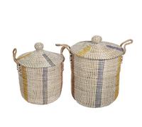 Romimex Lot de 2 paniers en fibre naturelle avec couvercle Bleu Beige Orange