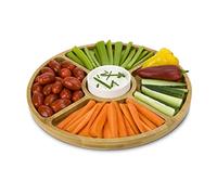 ROMINOX Assiette de service Rondo en bambou avec un bol à sauce en céramique, division pratique en 4 compartiments à collations, collations, antipasti ou tapas avec trempettes ; env. 28 x 28 x 3,5 cm