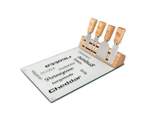 ROMINOX Lot de 5 Accessoires de Fromage faciles d'entretien : Plateau en Verre, Corps en Bois avec Support magnétique, 4 Couverts à Fromage, Dimensions : env. 30 x 20 x 12 cm