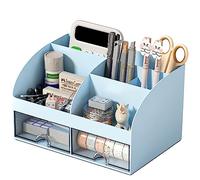 ROMINVIC Organiseur de bureau - Organiseur de bureau avec 6 compartiments et 2 petits tiroirs - Boîte de rangement pour porte-crayons (Blue)