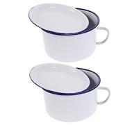 ROMISBABA 2 pièces Bol Émaillé Rétro avec Poignées Bol à Soupe Capacité avec Couvercle Alimentaire pour Nouilles Instantanées Soupe et Salade Design Pratique et Facile à Nettoyer