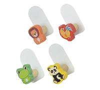 ROMISBABA 4 pièces Crochets Muraux Bois Adhésifs pour Garçon Fille Patères Murales Cartoon Animaux Grenouille Panda Lion Coq Sans Perçage Décoration Chambre Garçon Fille