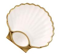 ROMISBABA Assiette en Céramique Forme Coquillage Blanche Compartiment Sauce, Plat à Raviolis et Frites, 1 Pièce pour Service Apéritif Cuisine Maison