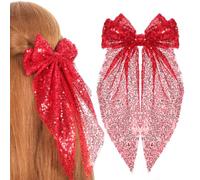 ROMISBABA Lot de 2 Épingles à Cheveux Grandes Nœuds Paillettes Rouges, Accessoires Pom-pom Girl Légers et Confortables pour Coiffure Festive, Agrafes Brillantes pour Fêtes et Événements