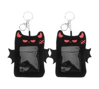 ROMISBABA Lot de 2 Porte-Cartes en Peluche Noir avec Ailes de Diable Étui de Protection pour Cartes d'Identité et Photos Porte-Clés Suspendu Porte-Badge Halloween Mignon pour Bureau et
