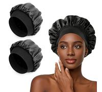 Romon Bonnet Satin Cheveux Nuit 2 Pièces, Bonnet en Satin Respirant Ajustable, Idéal pour Cheveux Longs Et Bouclés Femmes, Noir