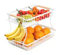 Romon Corbeille à Fruit 2 Étages, Panier de Fruits et Légumes en Métal Blanc, Démontable avec Crochets, Rangement Cuisine, pour Conserver Les Fruits et légumes