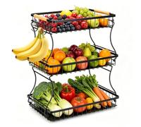 Romon Corbeille A Fruit À Trois Étages Noire Avec Crochets, Panier Métallique À Mailles Ajourées Décoratif Pour Comptoir, Rangement Des Fruits Et Légumes De Cuisine
