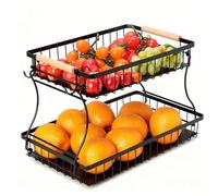Romon Corbeille à fruits, Panier Fruit à 2 Étages avec 2 Cintres bananes, Porte-fruits et Légumes Comptoir Cuisine Panier de Rangement en Fil Métallique Support de Fruits pour Pain Collations, Noir