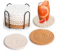 Romon Ensemble De 8 Dessous De Verre Ronds en Coton avec Support en Fer - sous-Verres Et Dessous De Tasse Au Style Scandinave, 11x11 Cm, Idéal pour Protéger Vos Tables