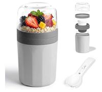Romon Gobelets à Céréales à Emporter, 520ml+250ml Gris Bol Petit Déjeuner Réutilisable avec Cuillère Fourchette Intégrée, PP5 et AS, Pot Overnight Oat, Couvercle Étanche pour Déplacement Extérieur