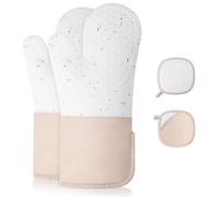 Romon Maniques Cuisine - Lot de 4 (2 Gants Four + 2 maniques de Plateau), résistants à la Chaleur Jusqu’à 350°C, antidérapants en Silicone, pour Cuisine et Barbecue Beige