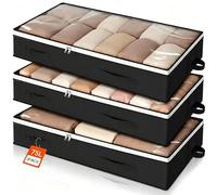 Romon Organisateur De Sac Sous Lit Lot De 3, Boite Rangement Vetement Pliable En Tissu Non Tissé, Avec Poignées Et Fermeture Éclair pour Ranger Les vêtements, Couettes Noir