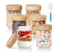 Romon Overnight Oats Jar, Lot de 6 Pot en Verre 480ml Hermétique, Bocaux Yaourt Avoine en Verre avec Couvercle en Bois à Vis Scellés, Meal Prep Containers pour Préparation des Repas Yaourt Céréales