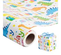 Romon Papier Cadeau, Rouleau anniversaire 43 cm x 10 m avec dinosaures colorés, Papier cadeau enfant pour garçon et fille Happy Birthday Wrapping Paper Coloré