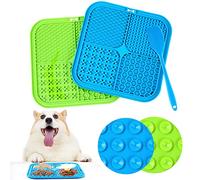 Romon Tapis de Lèche Chien, 2Pcs 20x20cm Tapis Lécher pour Chien avec 1 Spatule Silicone, sans BPA Tapis de Lechage pour Chat avec Ventouse pour Bain, Entraînement, Toilettage (Bleu+Vert)
