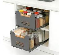 Romon Tiroir Coulissant Cuisine, Lot de 2 Organisateurs Téléscopiques avec Poignées En Bois, Noir, 37,5x24,5x19 cm, Adatto per Cucina, Bagno e Salotto