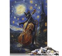Rompecabezas de 1000 piezas de gato tocando el violonchelo bajo una noche estrellada para adultos y adolescentes, juegos educativos para el hogar, juguetes de bricolaje, regalos de Navidad(75 x 50 cm)