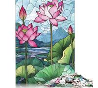 Rompecabezas de 500 piezas de Flores de Loto en vitrales cuadrados Para adultos y rompecabezas de Madera Para decoración Del hogar (52 x 38 cm)