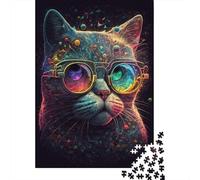 Rompecabezas de gato cósmico Con gafas, divertido rompecabezas Rectangular de Papel Para niños y adultos a partir de 12 años, Regalo de cumpleaños, 300 piezas (40 x 28 cm)