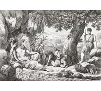 Romulus et Remus sont découverts par le berger Faustulus étant sucé par la loup qui avait sauvé la vie des jumeaux lorsqu'ils étaient abandonnés. Le dieu Mars dit avoir été leur père regarde. Après un