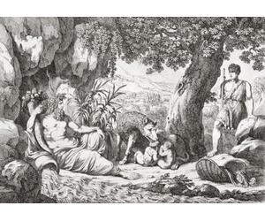 Romulus et Remus sont découverts par le berger Faustulus étant sucé par la loup qui avait sauvé la vie des jumeaux lorsqu'ils étaient abandonnés. Le dieu Mars dit avoir été leur père regarde. Après un