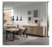 ROMY - Ensemble Séjour Table 200cm et Buffet 4 Portes Aspect Bois Effet Tasseaux - Altobuy Marron