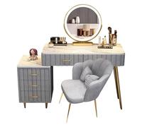 Romyqpipy Gris Ensemble De Coiffeuse avec Miroir LED, 3 Niveaux D’éClairage RéGlables, Comprend Une Table De Maquillage avec 5 Tiroirs, Un Meuble LatéRal Mobile, Chaise, Facile à Installer