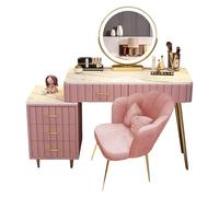 Romyqpipy Rose Ensemble De Coiffeuse avec Miroir LED, 3 Niveaux D’éClairage RéGlables, Comprend Une Table De Maquillage avec 5 Tiroirs, Un Meuble LatéRal Mobile, Chaise, Facile à Installer