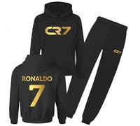Ronaldo Survêtement à capuche et pantalon de jogging CR#7 en jersey de football #7 chèvre 2023 pour enfants Al Nassr Jersey Cadeau de football, Noir , 12-13 ans