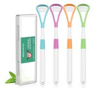 RONAVO Gratte-langue 2 en 1 en Plastique, Avec étui de voyage pratique pour adultes et enfants - Sans BPA - Combat la mauvaise haleine - Améliore la santé générale - Lot de 4