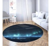 Rond Aurora Borealis Extra Large Area Tapis Bleu Glacier et Bleu Nuit Aurores Boréales avec Argent City Glow Lavable Filles Tapis de Chambre 100cm