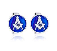 Rond Cercle Disque Franc-maçons Boussole Symbole Maçonnique Boutons De Manchette Pour Hommes Royal Blue Émail Deux Tons 925 Sterling Argent Charnière Bullet Back