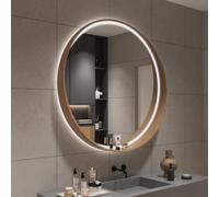 Rond led miroir de courtoisie lumineux,Miroir Décoratif Moderne cadre en bois massif,miroirs de courtoisie muraux anti buée salle de bain,étagère de rangement,Lumière 3 couleurs réglable(Willow,60*60c
