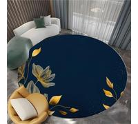 Rond Tapis Antidérapant Décoration Intérieure 120 cm, Doux Luxe Lignes Fleurs Dorées Tapis Poil Ras De Lavable Pare-humidité pour Salon Chambre - Bleu Foncé