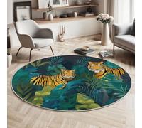 Rond Tapis Antidérapant, Forêt Tropicale Tigre Chaise Dordinateur Moquette, Peint À La Main Art Bleu-Vert Salon Anti Slip Tapis de Sol Grand pour Couloir, Chambre, Cuisine, Table, 120cm