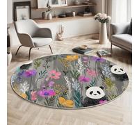 Rond Tapis Antidérapant, Panda Fleurs Sauvages Chaise Dordinateur Moquette, Mignon Illustration Cendre Salon Anti Slip Tapis de Sol Grand pour Couloir, Chambre, Cuisine, Table, 160cm