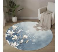 Rond Tapis Aquarelle Traditionnelle Chinoise Salon Lavable, Anti Slip Pile Courte Douce Chambre Fleurs De Magnolia Brume Imprimé Bleu Clair Tapis, pour Salon Salle à Manger Chambre d’Enfant 60cm