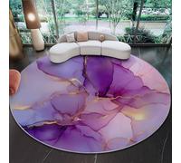 Rond Tapis De Chambre À Coucher Décoration Lavable 120 cm, Imprimé Élégant Peinture à l'encre Lignes, Interieur Antidérapant Douce Salon Tapis Rond D'Entrée, Violet Or