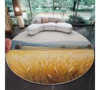 Rond Tapis De Chambre À Coucher Décoration Lavable 160 cm, Imprimé Champ de blé Style italianisant Peinture à l'huile, Interieur Antidérapant Douce Salon Tapis Rond D'Entrée, Doré
