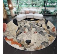 Rond Tapis De Chambre À Coucher Décoration Lavable 160 cm, Imprimé Fantaisie Loup Animal Nuages, Interieur Antidérapant Douce Salon Tapis Rond D'Entrée, Abricot