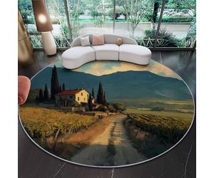 Rond Tapis De Chambre À Coucher Décoration Lavable 60 cm, Imprimé Peinture à l'huile Classique Ferme Montagne Champ, Interieur Antidérapant Douce Salon Tapis Rond D'Entrée, Vert