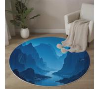 Rond Tapis Fantastique Mystère Salon Lavable, Anti Slip Pile Courte Douce Chambre Vallées Rivières Brume Imprimé Bleu Tapis, pour Salon Salle à Manger Chambre d’Enfant Nurserie 60cm