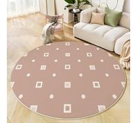 Rond Tapis Minimalisme Géométrie Salon Lavable, Anti Slip Pile Courte Douce Chambre Carrés Points Imprimé Brun Clair Tapis, pour Salon Salle à Manger Chambre d’Enfant Nurserie 90cm