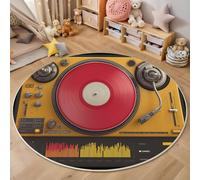 Rond Tapis Musique Rétro Salon Lavable, Anti Slip Pile Courte Douce Chambre Tourne-Disque Boutons De Commande Imprimé Rouge Tapis, pour Salon Salle à Manger Chambre d’Enfant Nurserie 160cm