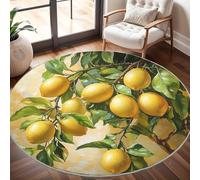 Rond Tapis Poils Courts 3D 100cm Doux Confortable et Lavable, Peinture à l'huile Au Citron Jaune Tapi Chambre Moderne Antidérapant Jaune Tapis Décoratif Rond pour Salon et Intérieur Extérieur