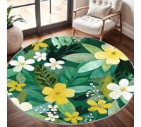 Rond Tapis Poils Courts 3D 100cm Doux Confortable et Lavable, Plantes Et Fleurs à L'Aquarelle Tapi Chambre Moderne Antidérapant Vert Tapis Décoratif Rond pour Salon et Intérieur Extérieur