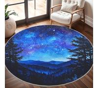 Rond Tapis Poils Courts 3D 100cm Doux Confortable et Lavable, Silhouette Des Montagnes de Pins Tapi Chambre Moderne Antidérapant Ciel éToilé Bleu Tapis Décoratif Rond pour Salon et Intérieur Extérieur