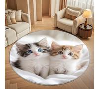 Rond Tapis Poils Courts 3D 160cm Doux Confortable et Lavable, Chaton Animal Mignon Tapi Chambre Moderne Antidérapant Blanc Tapis Décoratif Rond pour Salon et Intérieur Extérieur